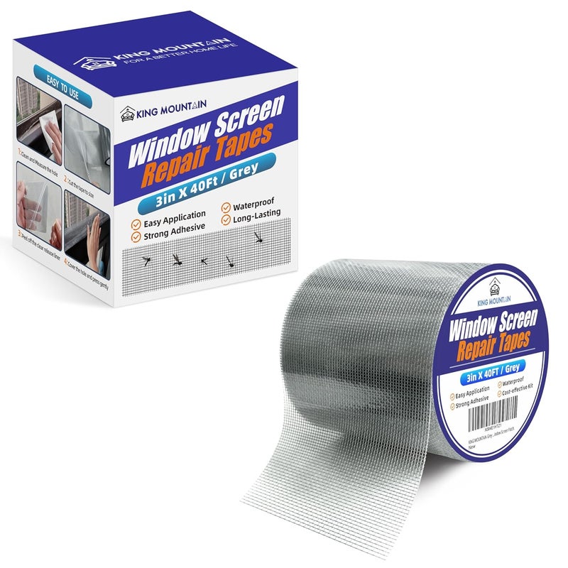 KING MOUNTAIN Grey Window Screen Repair Tape,3inX40FT Heavy Duty Screen Repair Kit for Window Screen and Screen Door Tears Holes,Strong Adhesive & Waterproof Window Screen Patch - Image 1